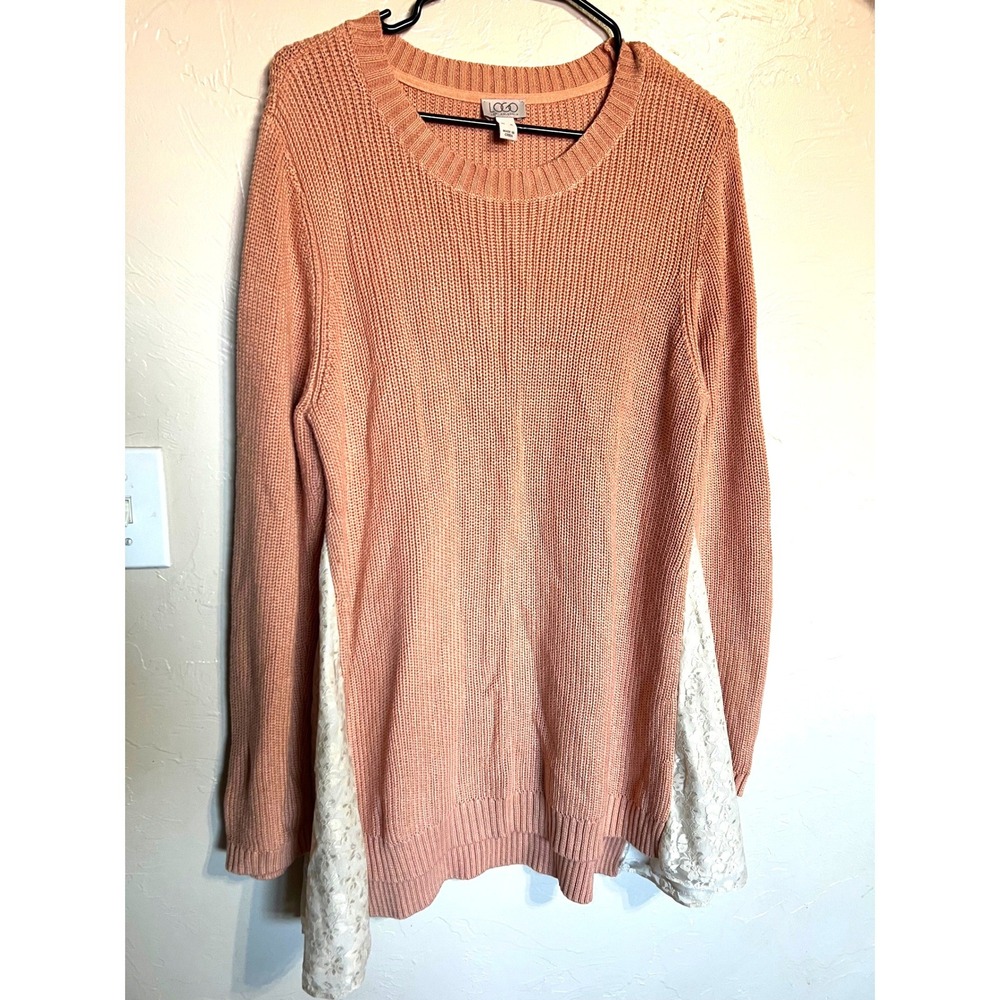 LOGO by Lori Goldstein Pink Peach Knit Lace‎ Panel Tunic Sweater XL Colorblock